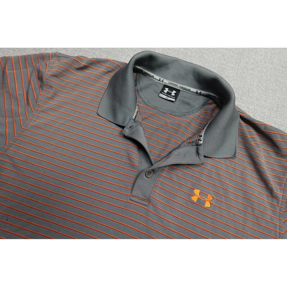 Under Armour Polo Mens Large Gray Orange Stripe Golf Performance Lightweight